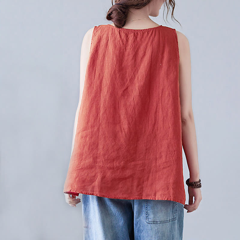 Buddha Stones Summer Color Matching Fake 2 Pieces Design Crew Collar Cotton Linen Women's Vest Waistcoat - image 3