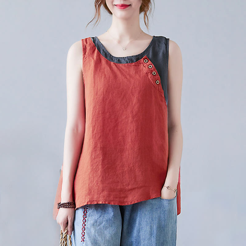 Buddha Stones Summer Color Matching Fake 2 Pieces Design Crew Collar Cotton Linen Women's Vest Waistcoat - image 1