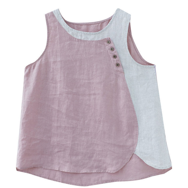 Buddha Stones Summer Color Matching Fake 2 Pieces Design Crew Collar Cotton Linen Women's Vest Waistcoat - image 11