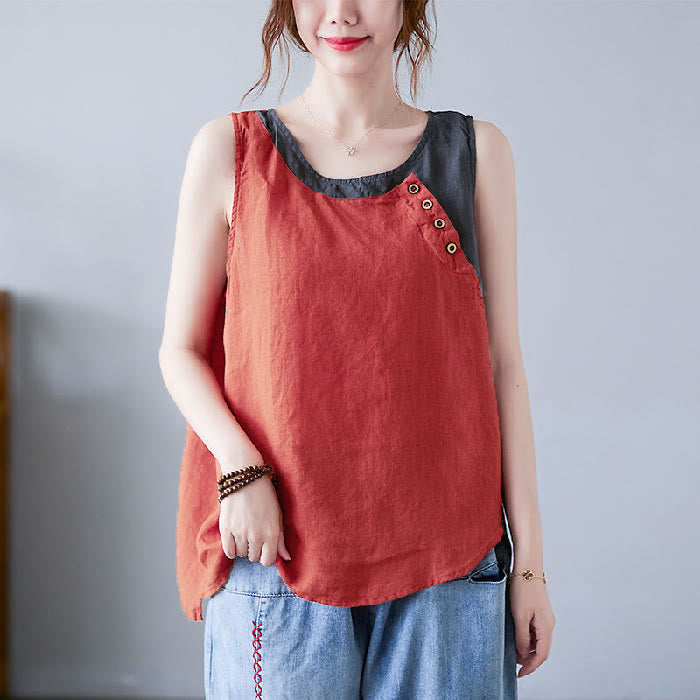 Buddha Stones Summer Color Matching Fake 2 Pieces Design Crew Collar Cotton Linen Women's Vest Waistcoat - OrangeRed - US14，UK/AU18，EU46 (4XL) - image 0