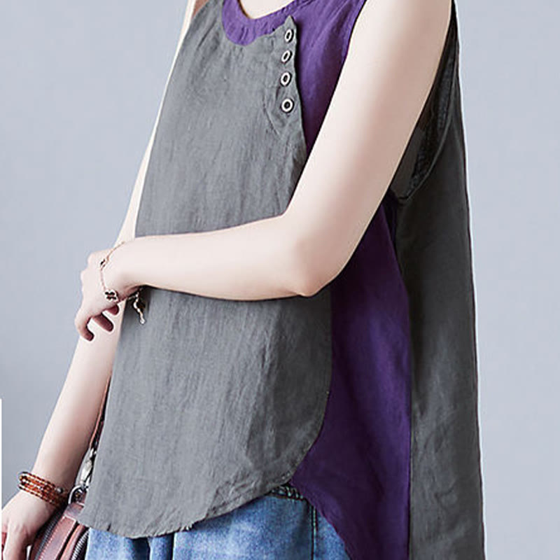 Buddha Stones Summer Color Matching Fake 2 Pieces Design Crew Collar Cotton Linen Women's Vest Waistcoat - image 25