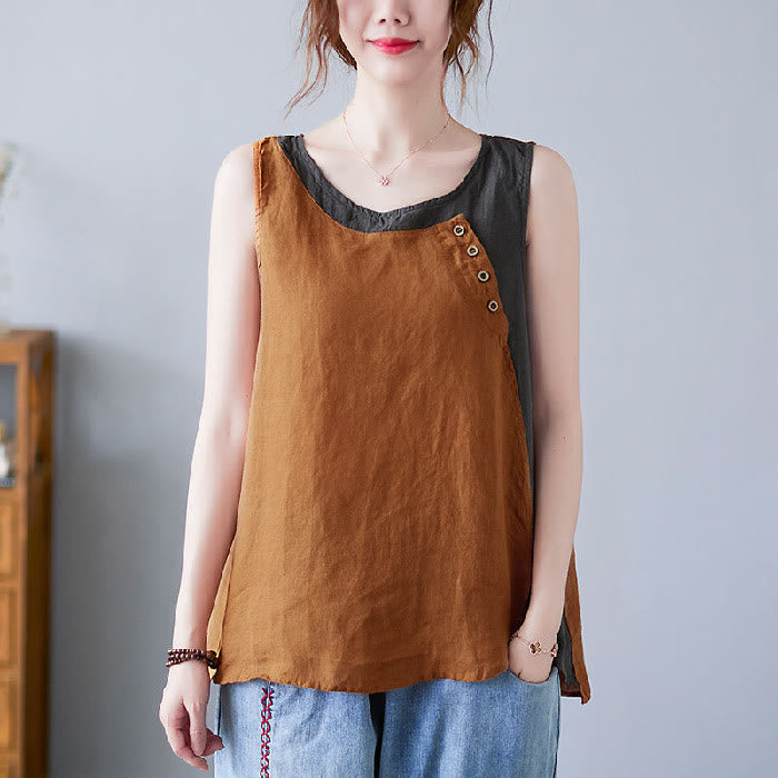 Buddha Stones Summer Color Matching Fake 2 Pieces Design Crew Collar Cotton Linen Women's Vest Waistcoat - DarkGoldenrod - US14，UK/AU18，EU46 (4XL) - image 18