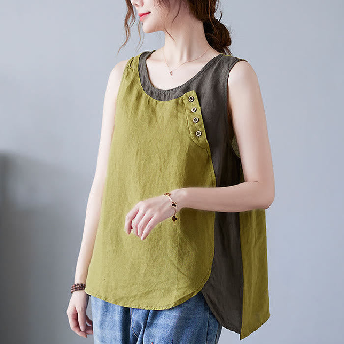 Buddha Stones Summer Color Matching Fake 2 Pieces Design Crew Collar Cotton Linen Women's Vest Waistcoat - YellowGreen - US14，UK/AU18，EU46 (4XL) - image 12