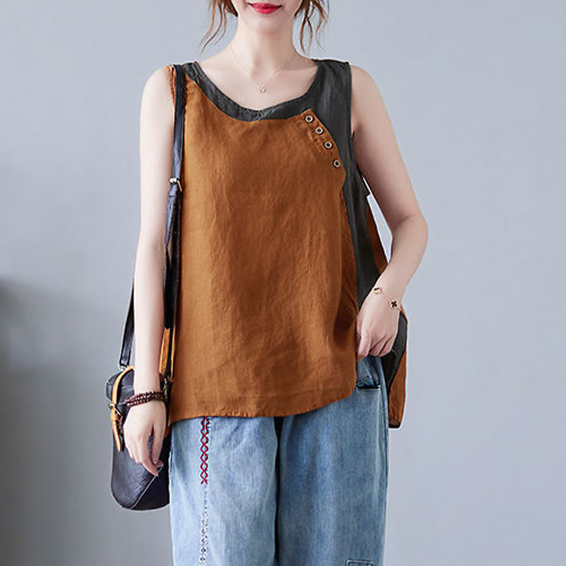 Buddha Stones Summer Color Matching Fake 2 Pieces Design Crew Collar Cotton Linen Women's Vest Waistcoat - image 20