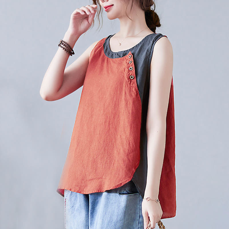 Buddha Stones Summer Color Matching Fake 2 Pieces Design Crew Collar Cotton Linen Women's Vest Waistcoat - image 5