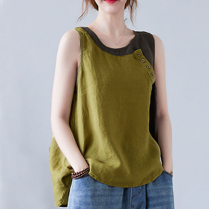 Buddha Stones Summer Color Matching Fake 2 Pieces Design Crew Collar Cotton Linen Women's Vest Waistcoat - image 15
