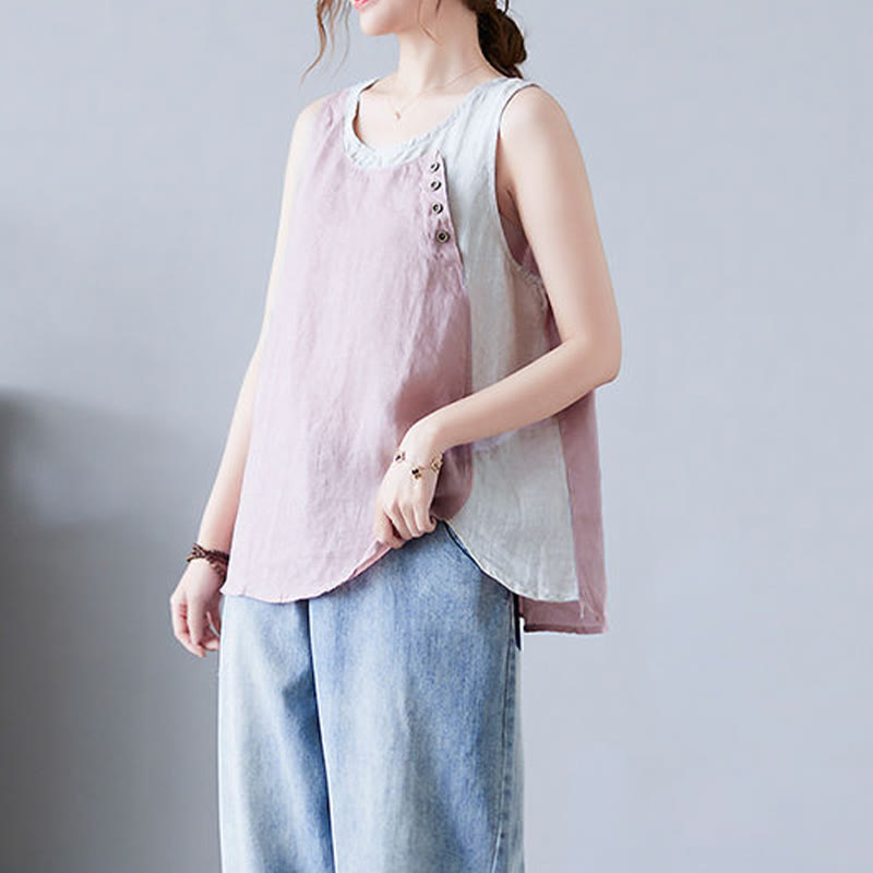 Buddha Stones Summer Color Matching Fake 2 Pieces Design Crew Collar Cotton Linen Women's Vest Waistcoat - image 7