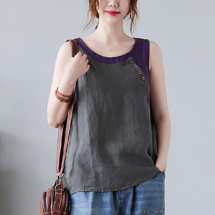 Buddha Stones Summer Color Matching Fake 2 Pieces Design Crew Collar Cotton Linen Women's Vest Waistcoat - DimGray - US14，UK/AU18，EU46 (4XL) - image 24
