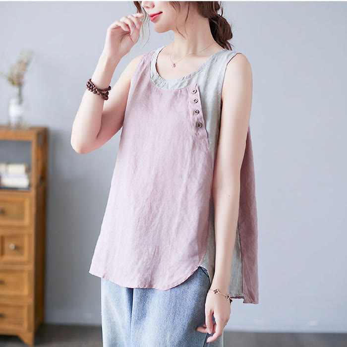Buddha Stones Summer Color Matching Fake 2 Pieces Design Crew Collar Cotton Linen Women's Vest Waistcoat - Pink - US14，UK/AU18，EU46 (4XL) - image 6