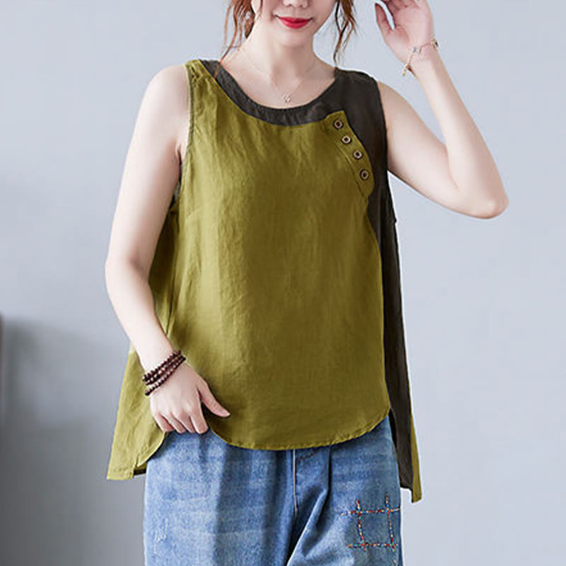 Buddha Stones Summer Color Matching Fake 2 Pieces Design Crew Collar Cotton Linen Women's Vest Waistcoat - image 16