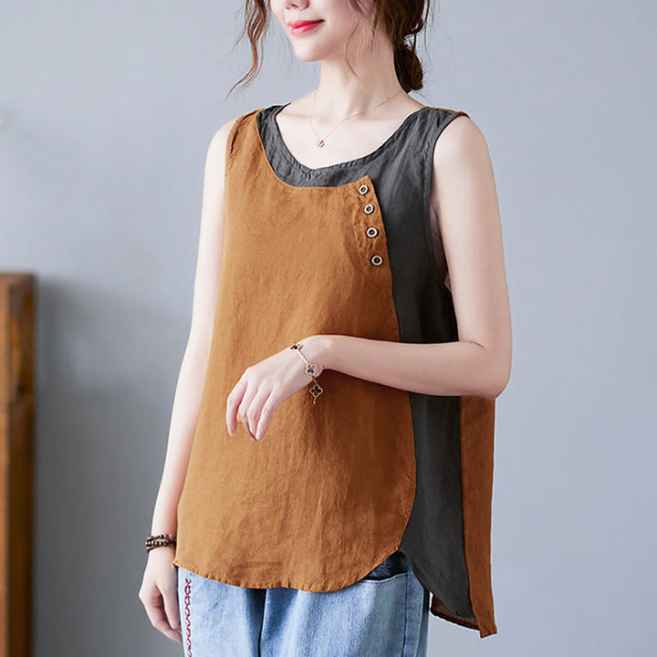 Buddha Stones Summer Color Matching Fake 2 Pieces Design Crew Collar Cotton Linen Women's Vest Waistcoat - image 22