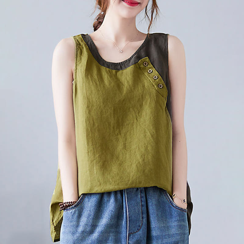 Buddha Stones Summer Color Matching Fake 2 Pieces Design Crew Collar Cotton Linen Women's Vest Waistcoat - image 14