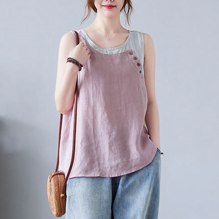 Buddha Stones Summer Color Matching Fake 2 Pieces Design Crew Collar Cotton Linen Women's Vest Waistcoat - image 10