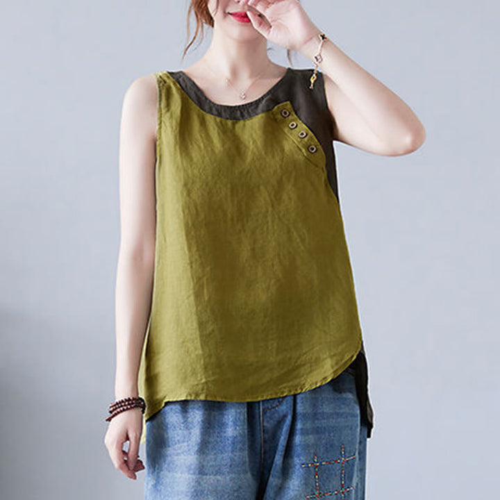 Buddha Stones Summer Color Matching Fake 2 Pieces Design Crew Collar Cotton Linen Women's Vest Waistcoat - image 17