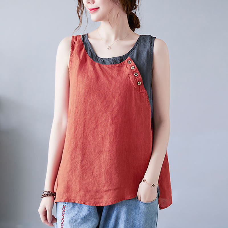 Buddha Stones Summer Color Matching Fake 2 Pieces Design Crew Collar Cotton Linen Women's Vest Waistcoat - image 4