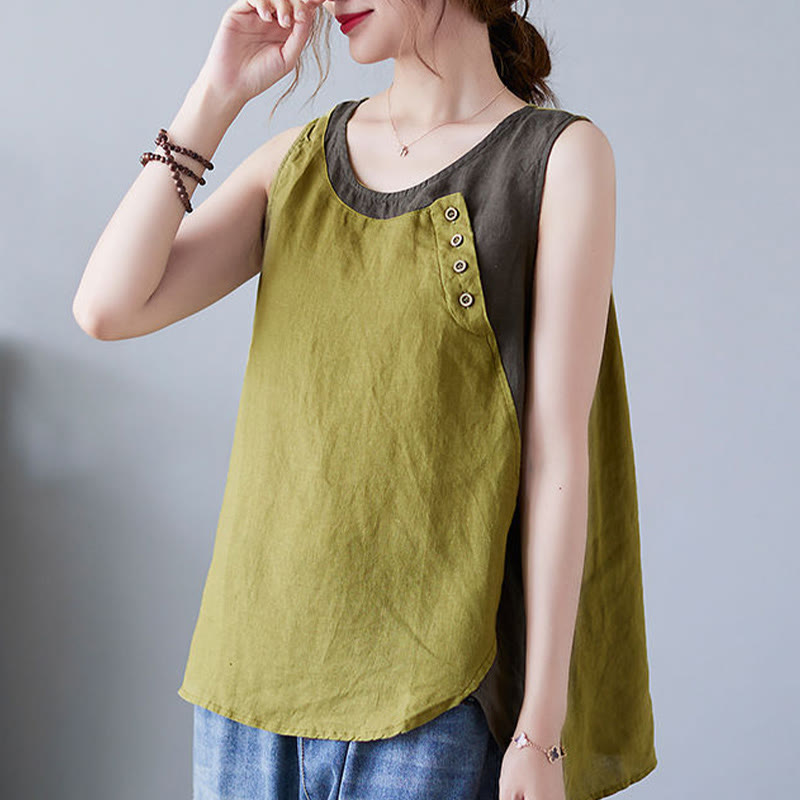 Buddha Stones Summer Color Matching Fake 2 Pieces Design Crew Collar Cotton Linen Women's Vest Waistcoat - image 13