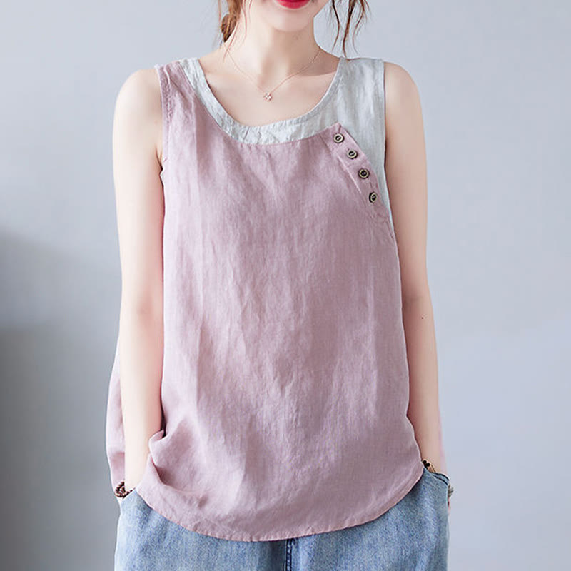 Buddha Stones Summer Color Matching Fake 2 Pieces Design Crew Collar Cotton Linen Women's Vest Waistcoat - image 8