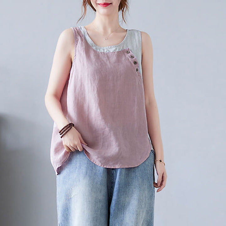 Buddha Stones Summer Color Matching Fake 2 Pieces Design Crew Collar Cotton Linen Women's Vest Waistcoat - image 9