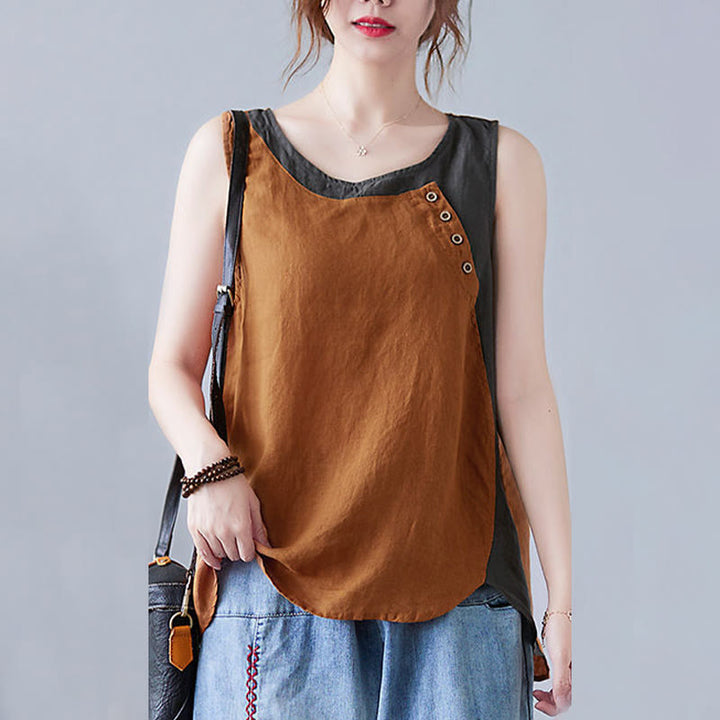 Buddha Stones Summer Color Matching Fake 2 Pieces Design Crew Collar Cotton Linen Women's Vest Waistcoat - image 19