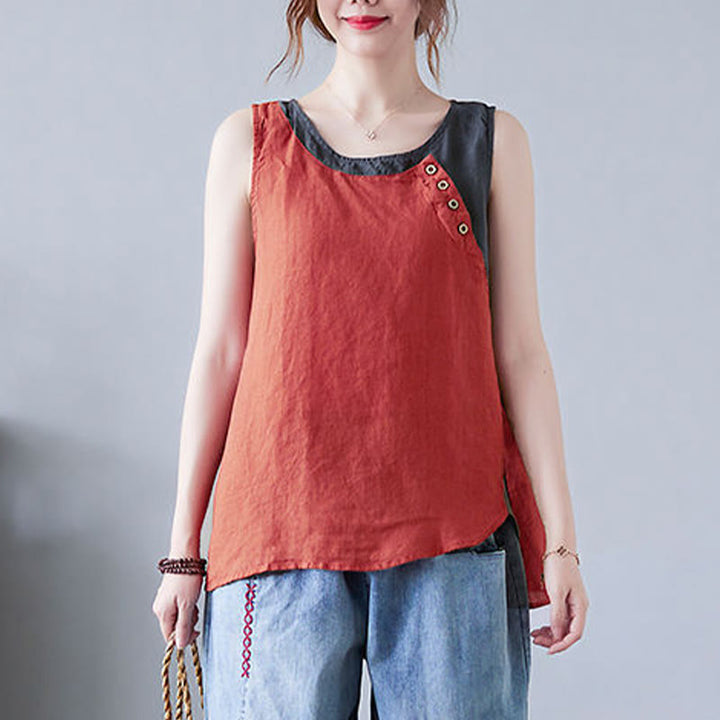 Buddha Stones Summer Color Matching Fake 2 Pieces Design Crew Collar Cotton Linen Women's Vest Waistcoat - image 2