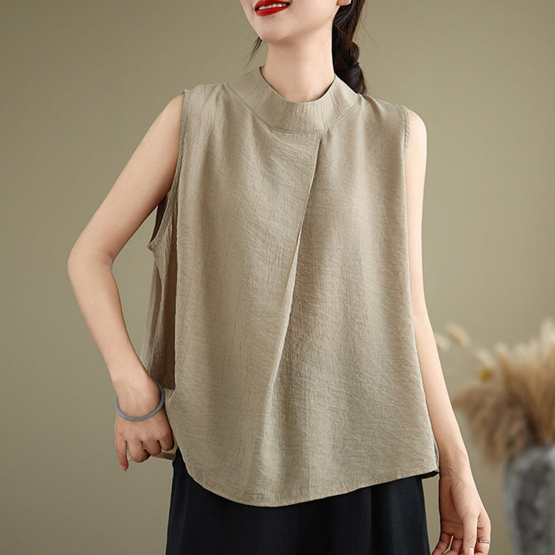 Buddha Stones Casual Plain Back Buttom Design Stand Collar Cotton Linen Women's Sleeveless Vest - image 13