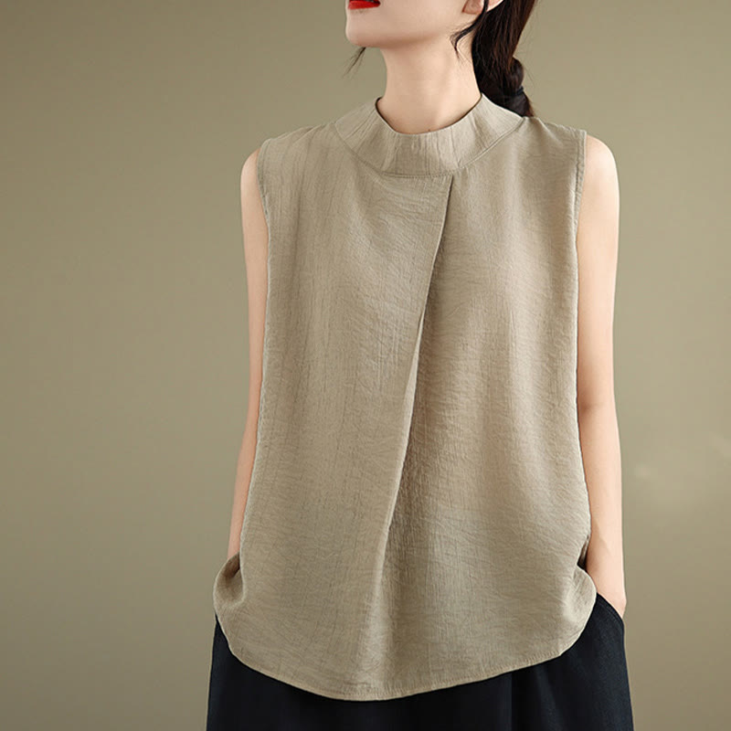 Buddha Stones Casual Plain Back Buttom Design Stand Collar Cotton Linen Women's Sleeveless Vest - image 14