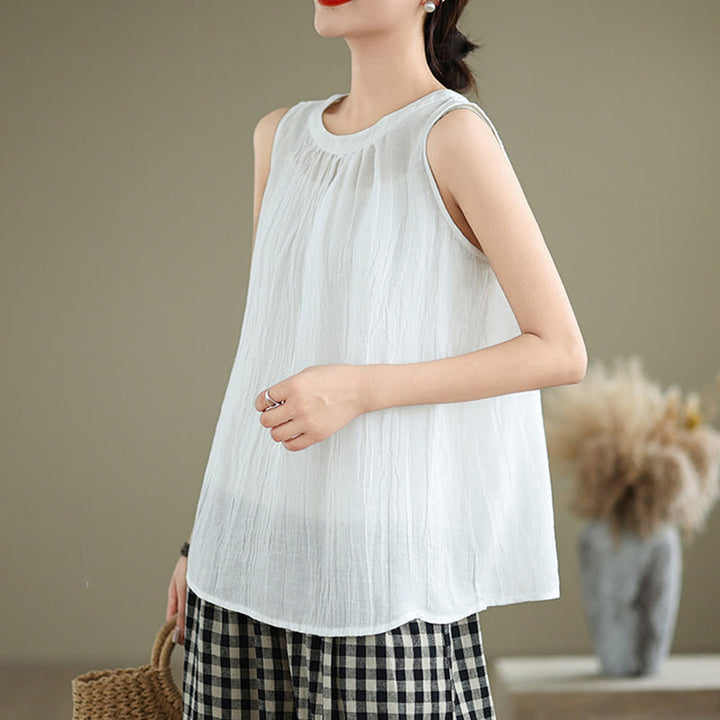 Buddha Stones Summer Wrinkles Simple Design Crew Neck Cotton Linen Women's Sleeveless Vest Waistcoat - image 12