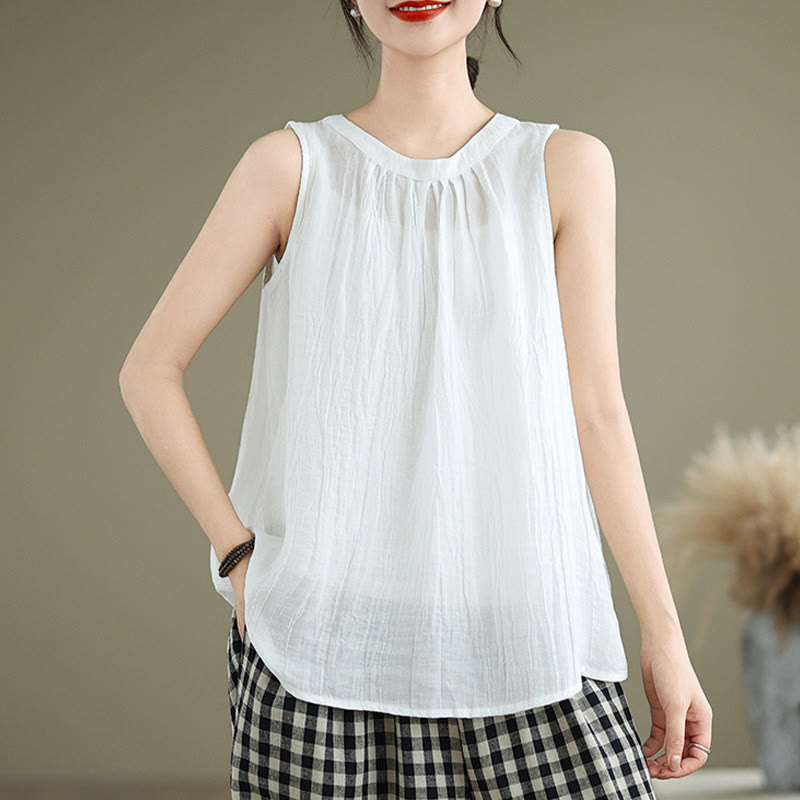 Buddha Stones Summer Wrinkles Simple Design Crew Neck Cotton Linen Women's Sleeveless Vest Waistcoat - image 11