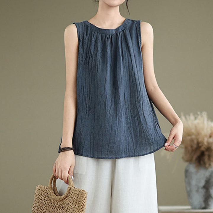 Buddha Stones Summer Wrinkles Simple Design Crew Neck Cotton Linen Women's Sleeveless Vest Waistcoat - image 16