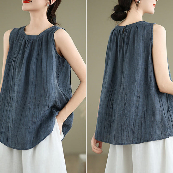 Buddha Stones Summer Wrinkles Simple Design Crew Neck Cotton Linen Women's Sleeveless Vest Waistcoat - image 19