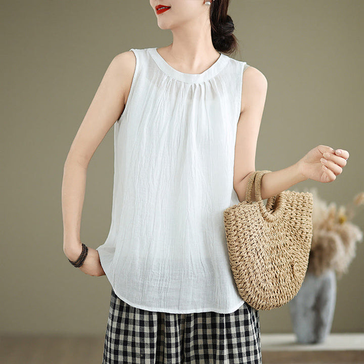 Buddha Stones Summer Wrinkles Simple Design Crew Neck Cotton Linen Women's Sleeveless Vest Waistcoat - White - US8-10，UK/AU12-14，EU40-42 (2XL) - image 10