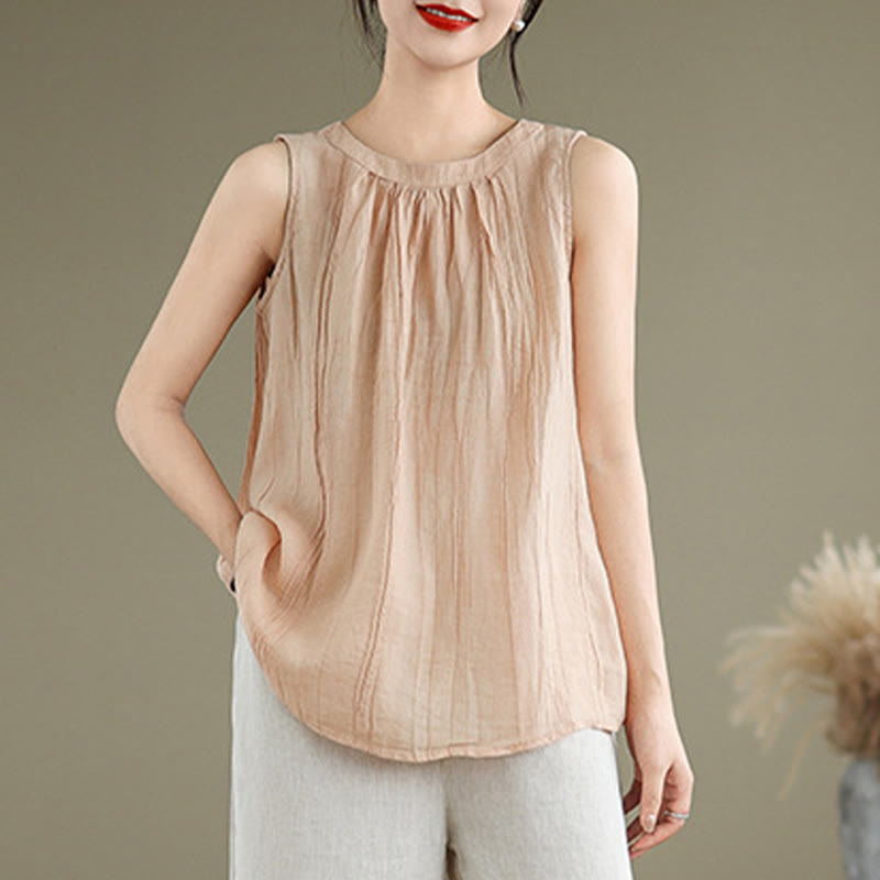 Buddha Stones Summer Wrinkles Simple Design Crew Neck Cotton Linen Women's Sleeveless Vest Waistcoat - image 27