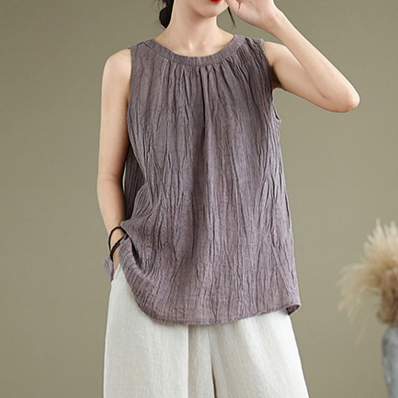 Buddha Stones Summer Wrinkles Simple Design Crew Neck Women's Sleeveless Vest Waistcoat - image 24