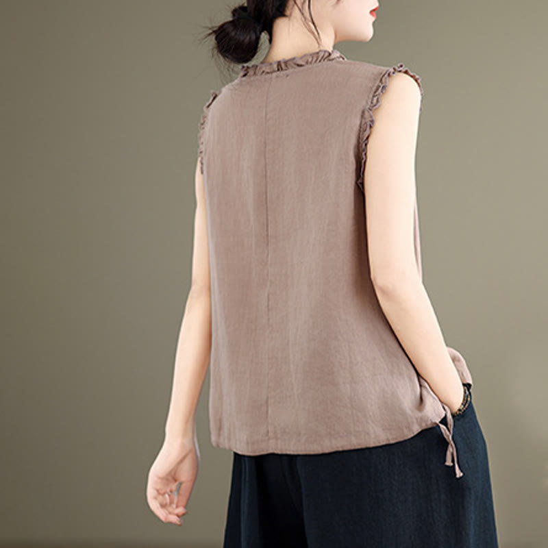 Buddha Stones Summer Ruffled Design Drawstring Crew Neck Cotton Linen Women's Sleeveless Vest - image 16