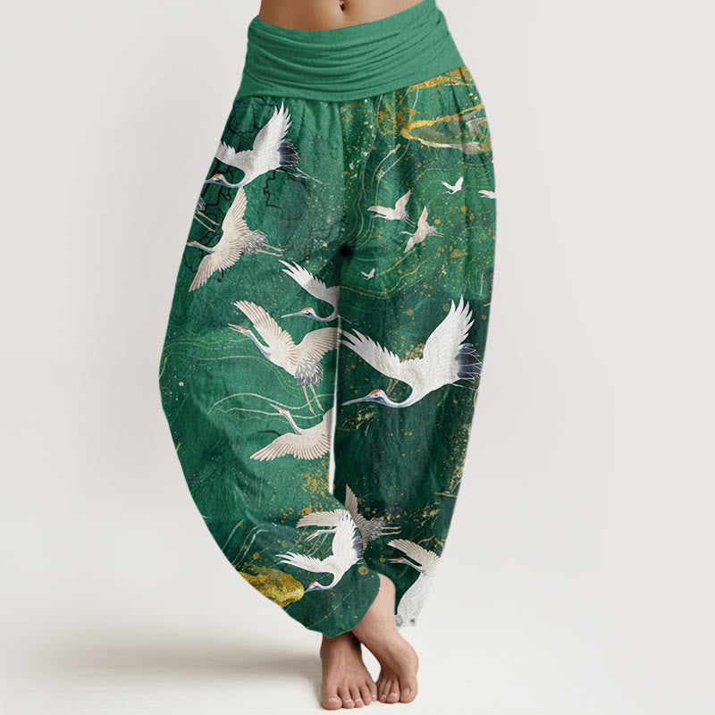 Buddha Stones Flying White Cranes Auspicious Clouds Design Women's Elastic Waist Harem Pants - MediumSpringGreen - US22，UK/AU26，EU54 (6XL) - image 0
