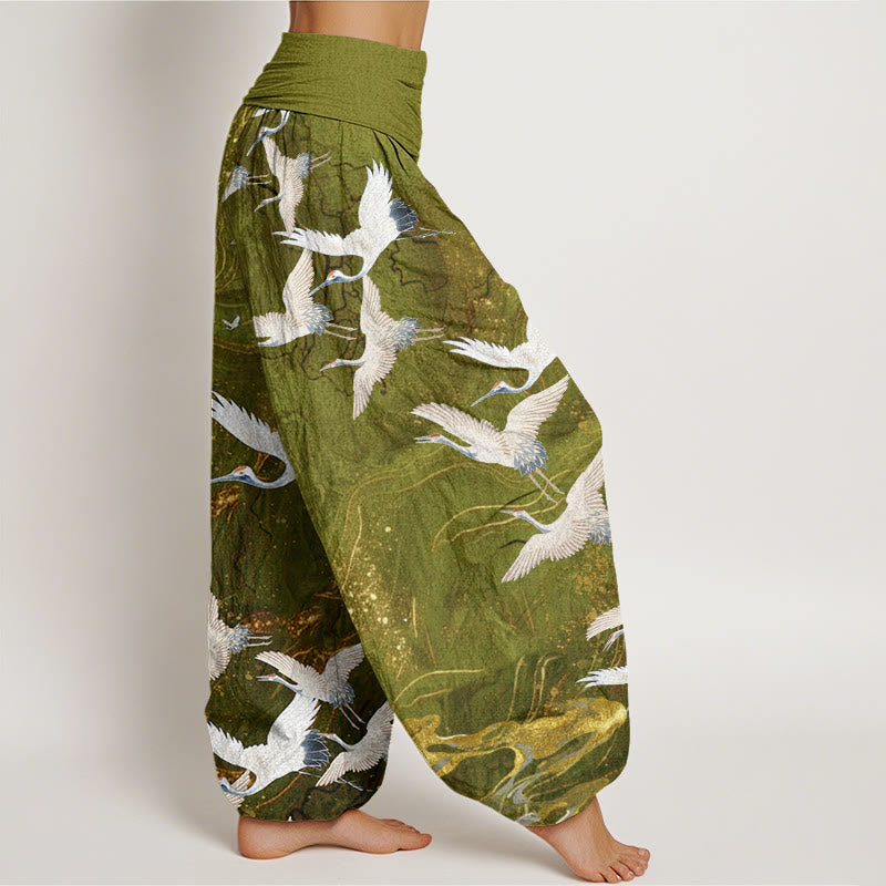 Buddha Stones Flying White Cranes Auspicious Clouds Design Women's Elastic Waist Harem Pants - image 9