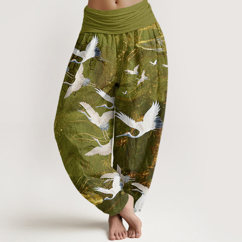 Buddha Stones Flying White Cranes Auspicious Clouds Design Women's Elastic Waist Harem Pants - YellowGreen - US22，UK/AU26，EU54 (6XL) - image 7