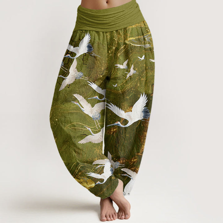 Buddha Stones Flying White Cranes Auspicious Clouds Design Women's Elastic Waist Harem Pants - YellowGreen - US22，UK/AU26，EU54 (6XL) - image 7