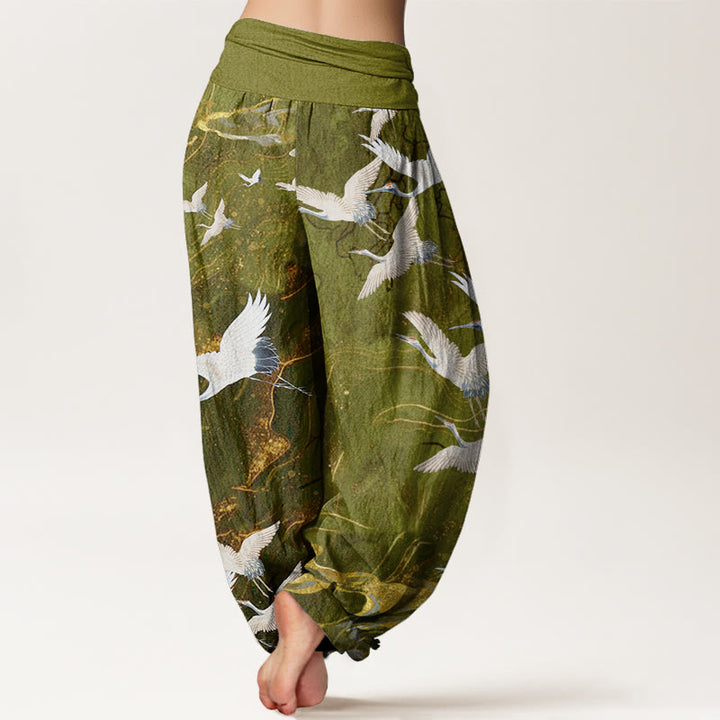 Buddha Stones Cotton Flying White Cranes Auspicious Clouds Design Women's Elastic Waist Harem Pants - image 8