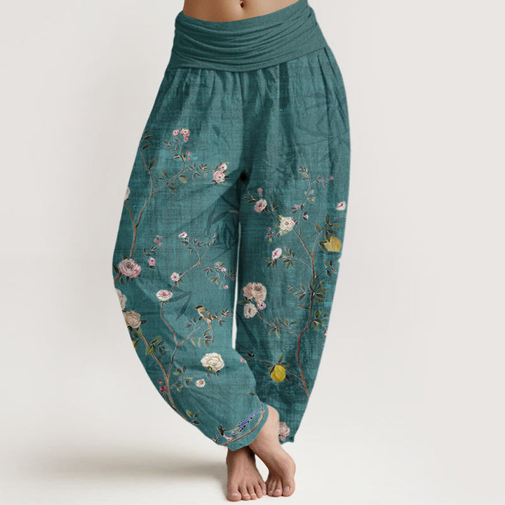 Buddha Stones Pink White Flowers Bamboo Leaves Fruits Design Women's Elastic Waist Harem Pants - DarkCyan - US22，UK/AU26，EU54 (6XL) - image 0