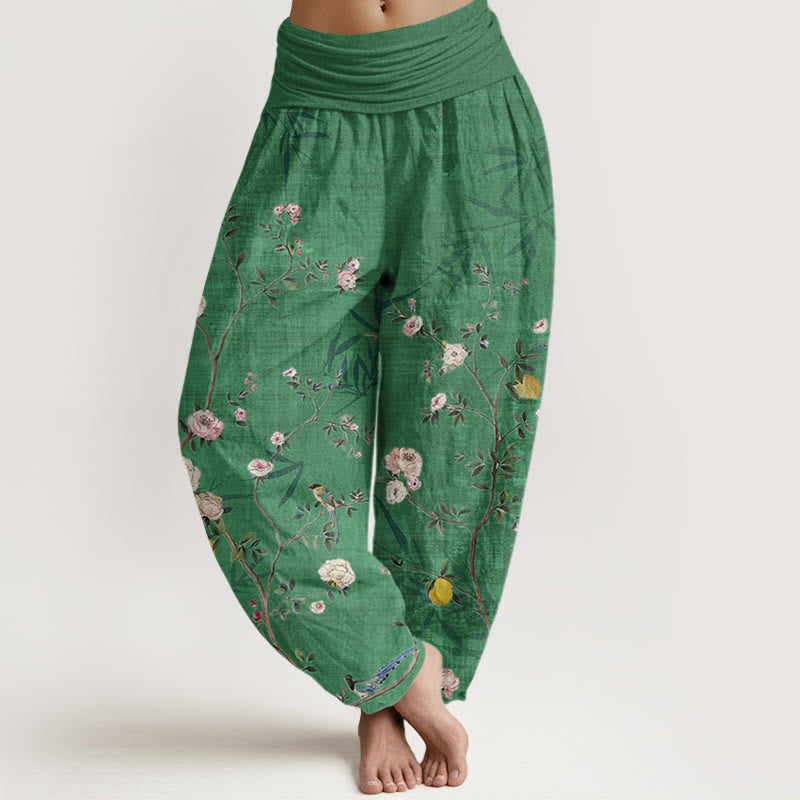 Buddha Stones Pink White Flowers Bamboo Leaves Fruits Design Women's Elastic Waist Harem Pants - SpringGreen - US22，UK/AU26，EU54 (6XL) - image 4