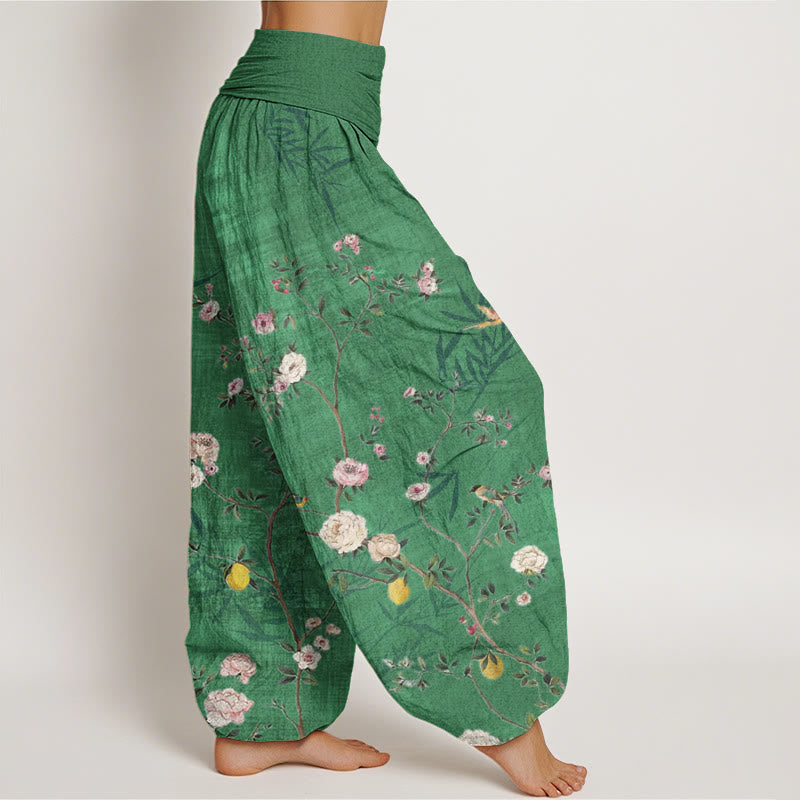 Buddha Stones Pink White Flowers Bamboo Leaves Fruits Design Women's Elastic Waist Harem Pants - image 6