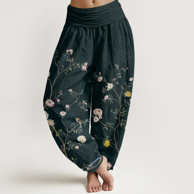 Buddha Stones Pink White Flowers Bamboo Leaves Fruits Design Women's Elastic Waist Harem Pants - Black - US22，UK/AU26，EU54 (6XL) - image 7