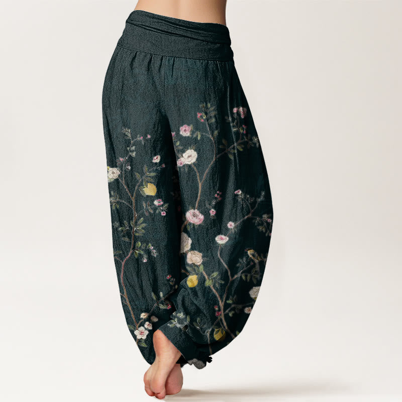 Buddha Stones Pink White Flowers Bamboo Leaves Fruits Design Women's Elastic Waist Harem Pants - image 8