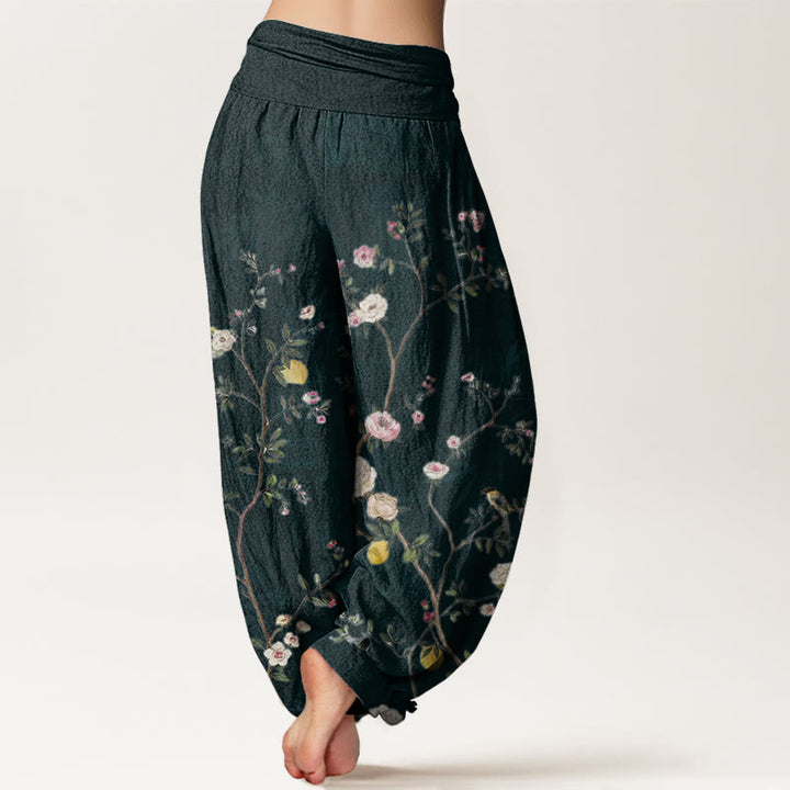 Buddha Stones Pink White Flowers Bamboo Leaves Fruits Design Women's Elastic Waist Harem Pants - image 8