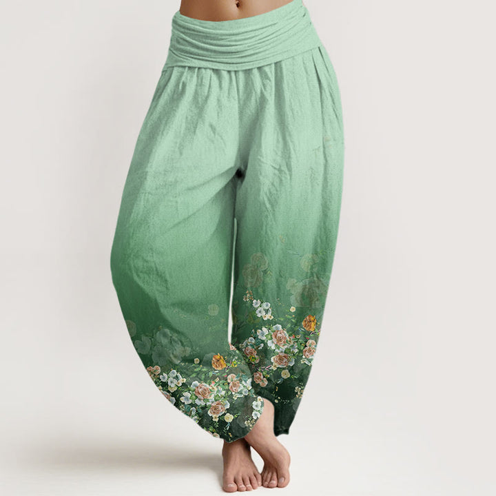 Buddha Stones Colorful Rose Flowers Design Women's Elastic Waist Harem Pants - Aquamarine - US22，UK/AU26，EU54 (6XL) - image 0