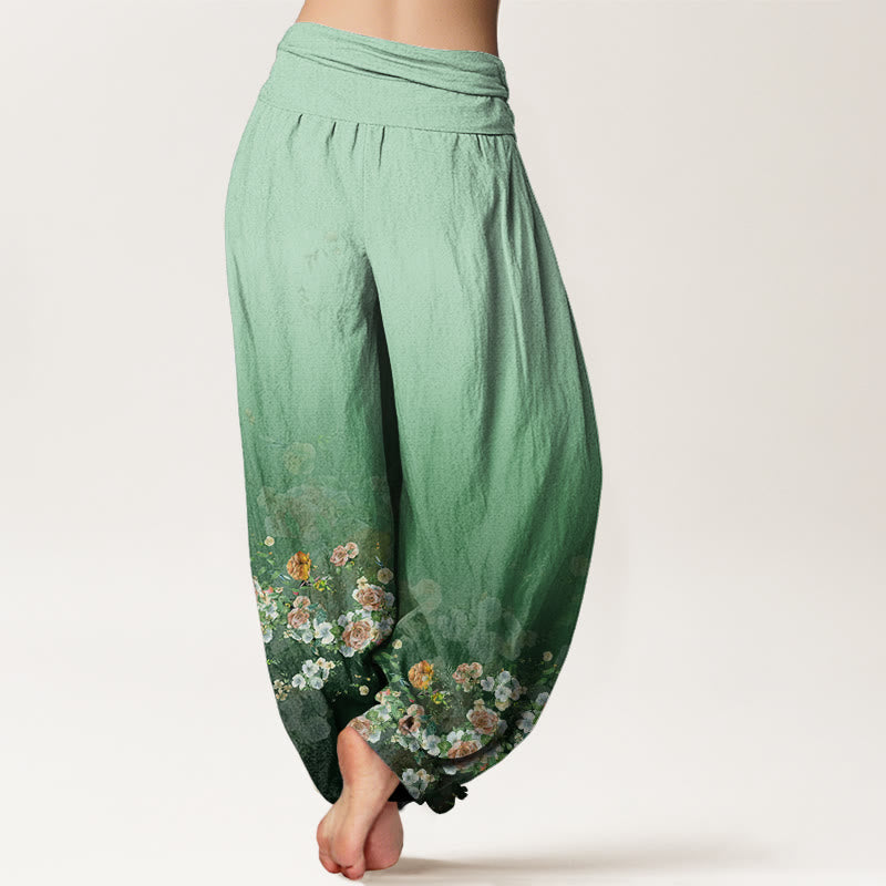 Buddha Stones Colorful Rose Flowers Design Women's Elastic Waist Harem Pants - image 1