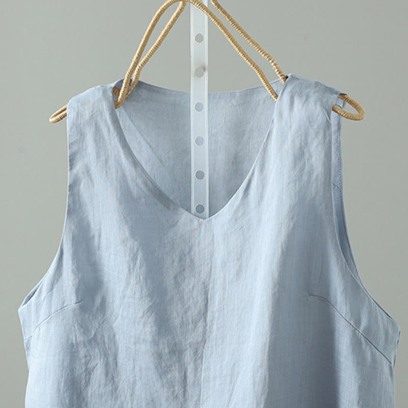 Buddha Stones Vintage Pure Color V-Neck Cotton Sleeveless Women's Vest Waistcoat - image 1