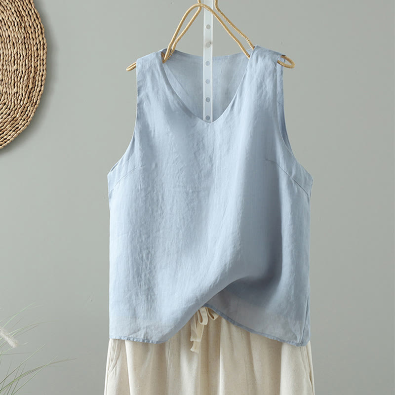 Buddha Stones Vintage Pure Color V-Neck Cotton Sleeveless Women's Vest Waistcoat - LightBlue - US8-10，UK/AU12-14，EU40-42 (2XL) - image 0