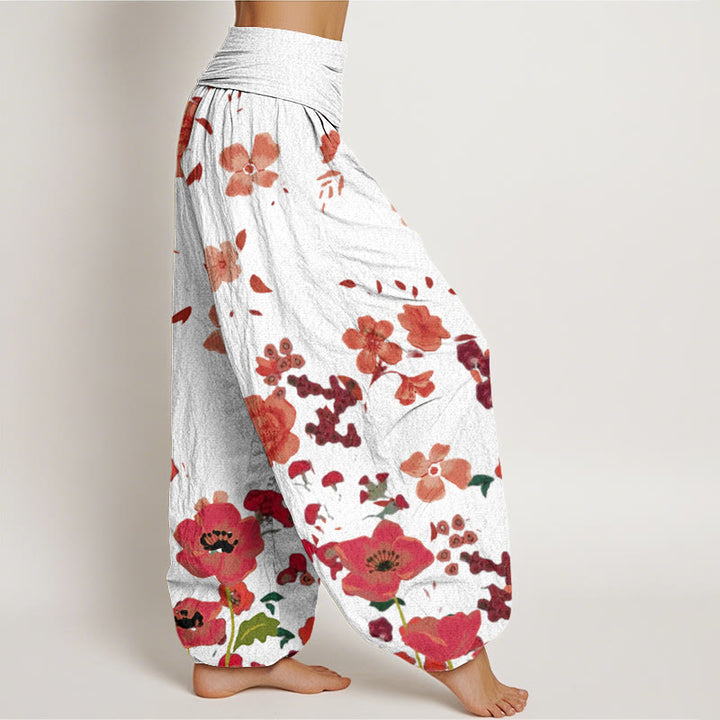 Buddha Stones Cotton Red Flowers Common Poppy Design Women's Elastic Waist Harem Pants - image 9